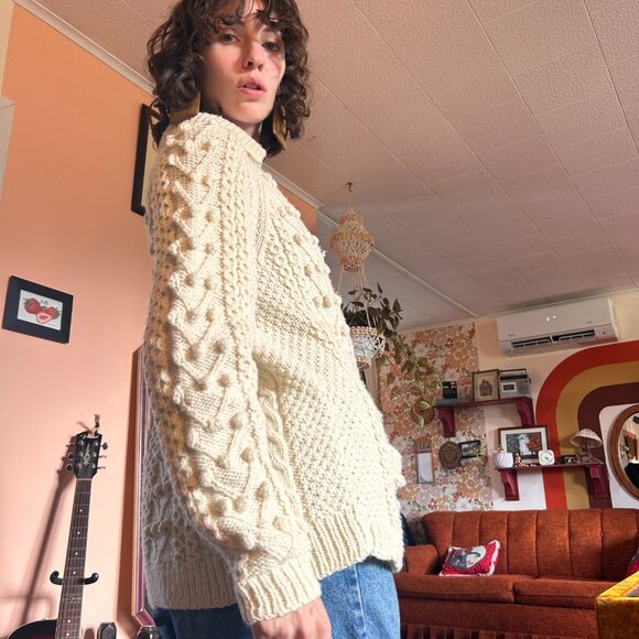 1990s handmade vintage button up wool fishermans aran cardigan! - Picture 7 of 16